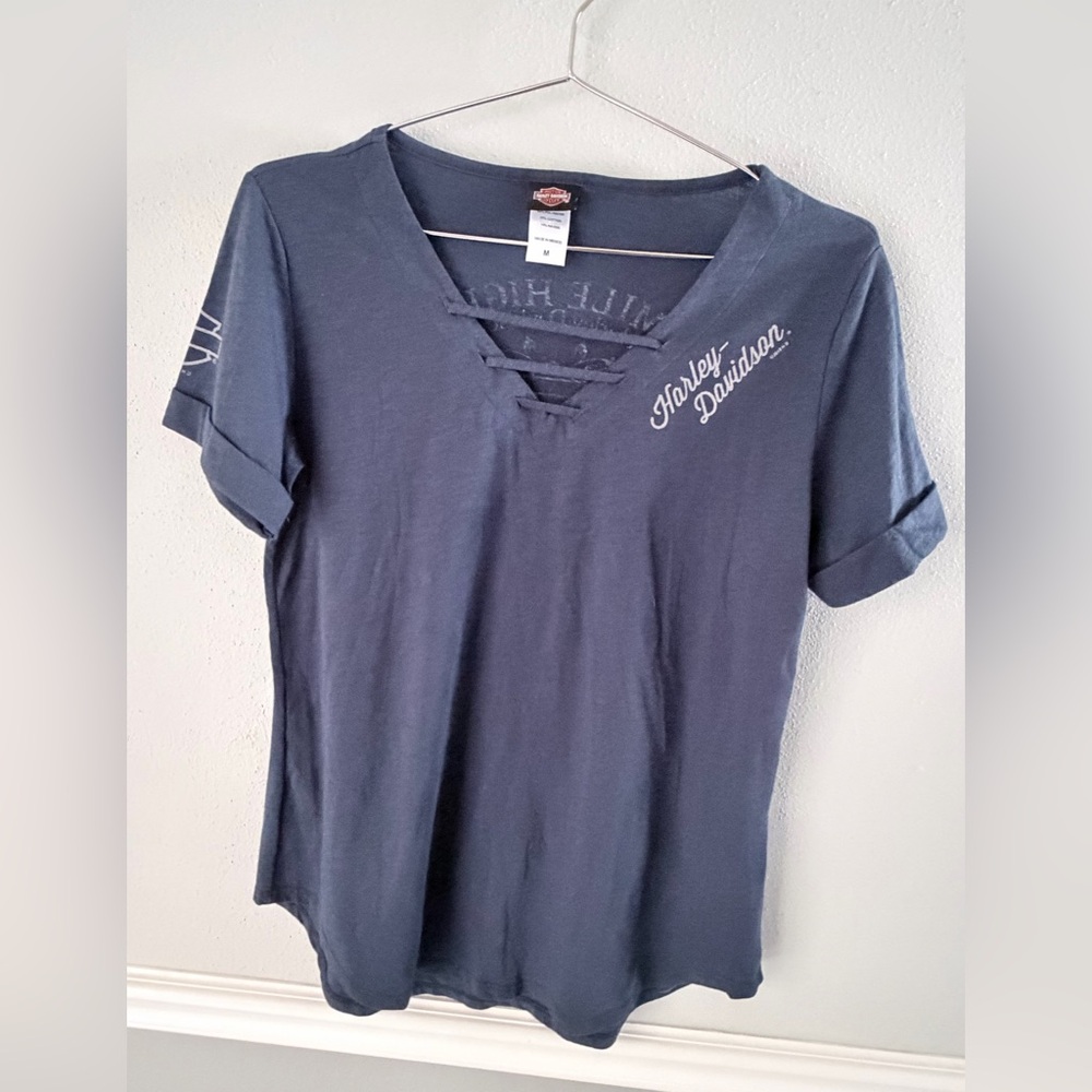 Harley Davidson Women's V Neck T Shirt Double Sided Mile High Denver Co Blue Med